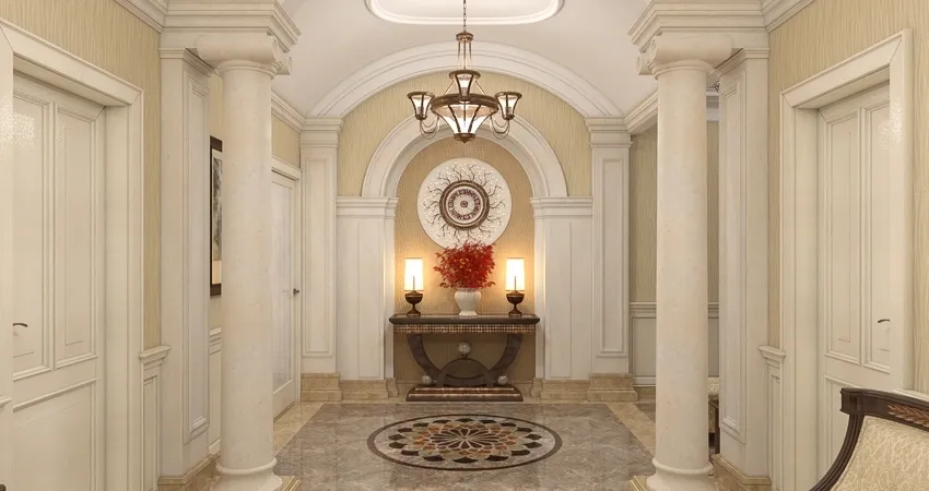 Klasszikus stílusban, amerikai tágas légteret megidéző kőkapu, oszlopokkal, pillérekkel, Versace padlólapokkal, art-deco bútor és kiegészítőkkel