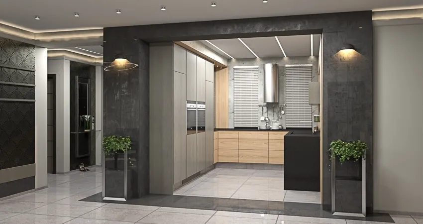 Minimal industrial stílusú konyha. Antracit, drapp és fehér színekkel, betonhatású burkolattal.