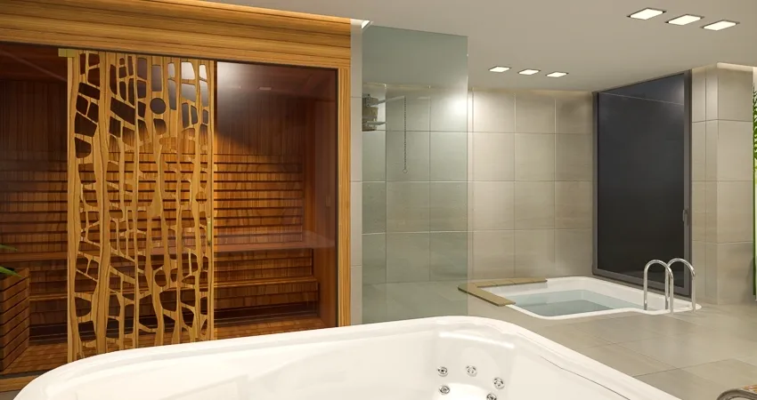 kényeztető wellness részleg szaunával, masszázsmedencével és zuhanyzóval
